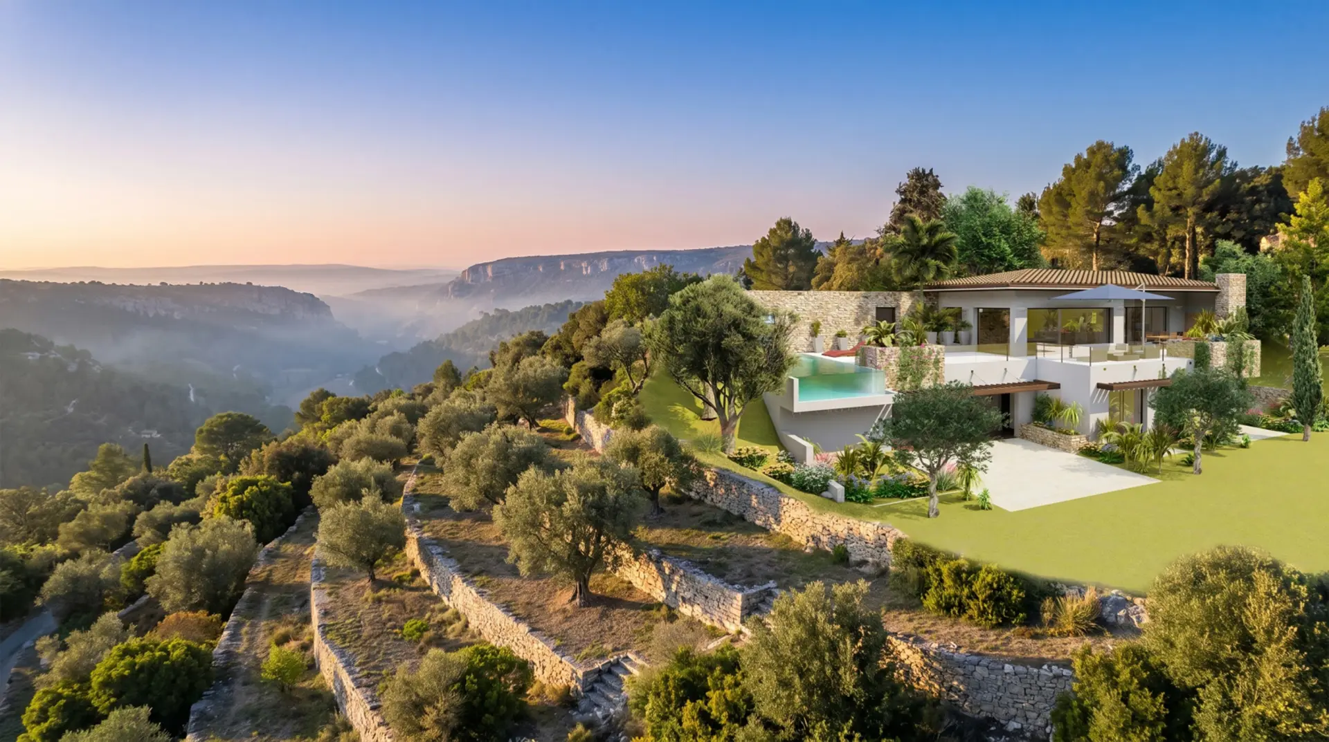 Villa d’exception JPSA GSI au crépuscule, piscine et jardin paysagé